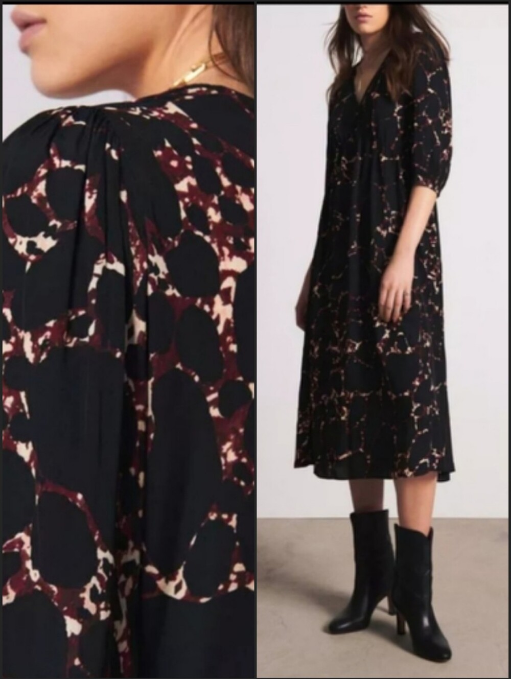 Ba&sh Mosiris Print 3/4 Sleeve V-Neck Tie-Back Mid Lenth Dress